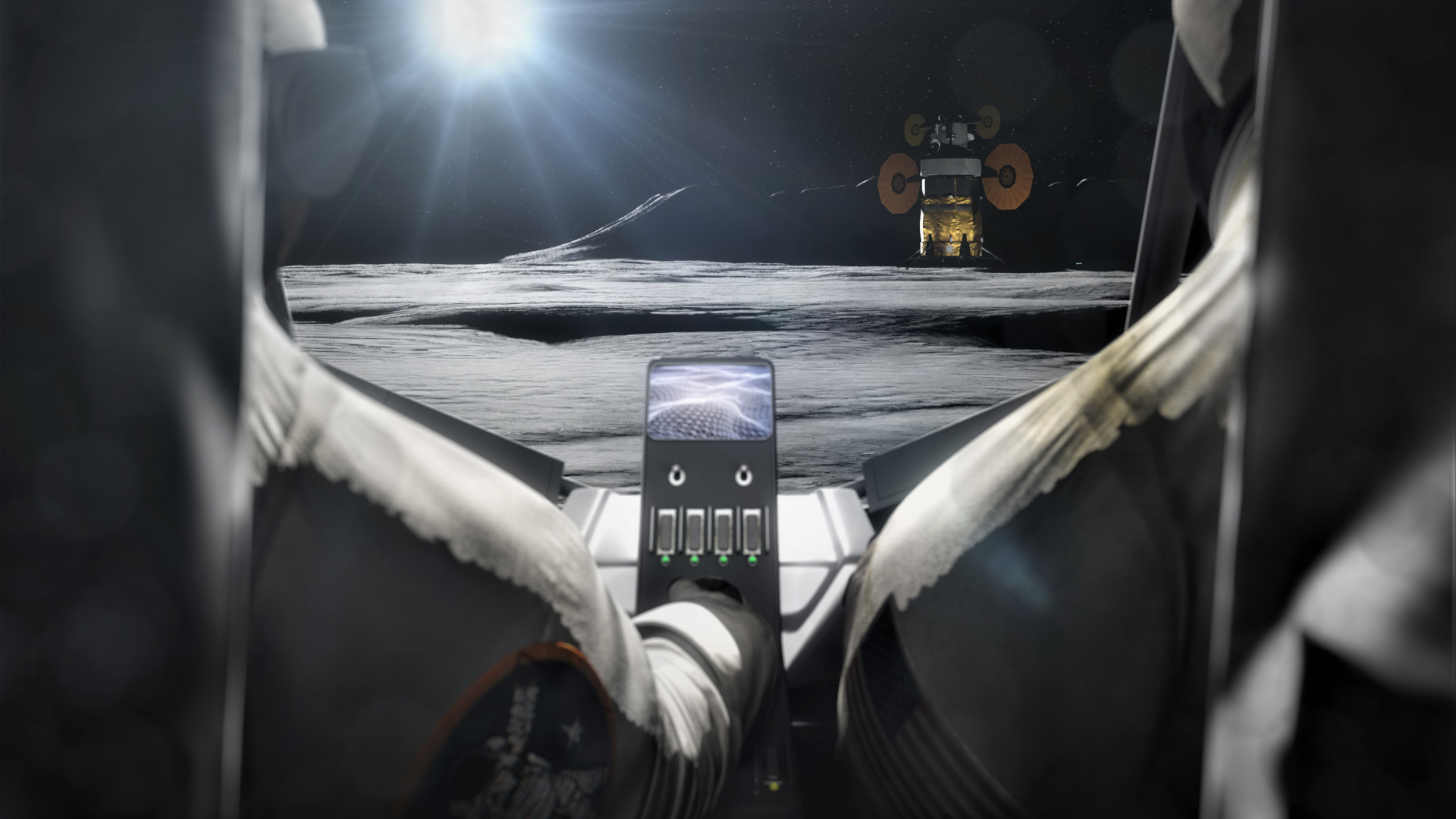 Concept image showing the backseat view in a Lunar Terrain Vehicle.